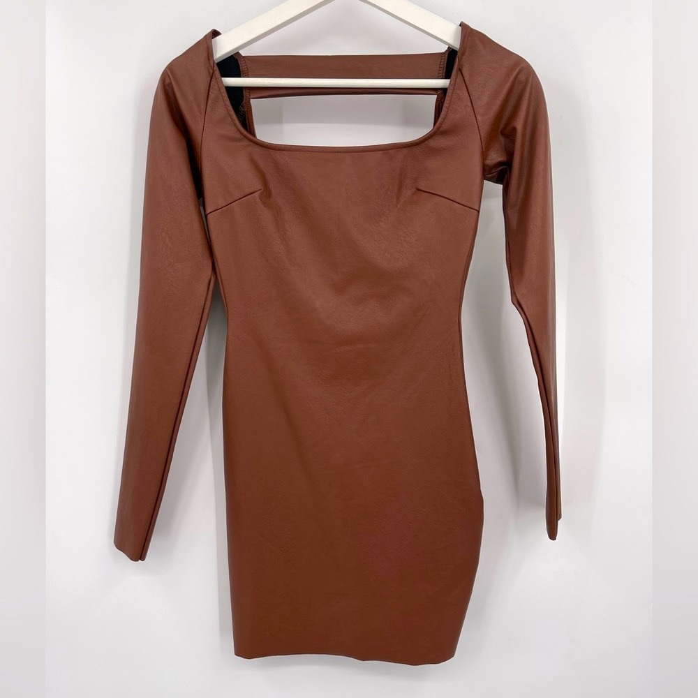NWT Naked Wardrobe Faux Leather Long Sleeve Dress Camel Size XS